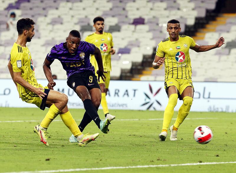 Laba Kodjo scores to put Al Ain 2-1 ahead in their Adnoc Pro League match against Kalba. Courtesy PLC