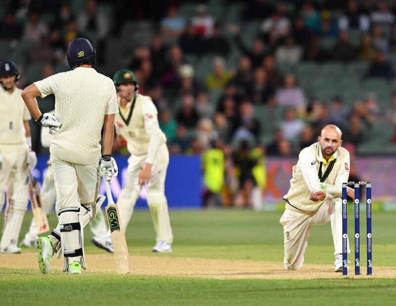 Nathan Lyon, right, reflects after his appeal for lbw is denied. David Mariuz / EPA