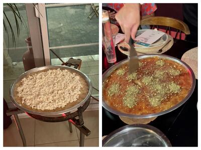 Left, knafeh with Nabulsi cheese on the cooker usually reserved for paella; right, chef Halawa's favourite knafeh Nabulsiyeh garnished with pistachios. Photo: Panna Munyal / The National