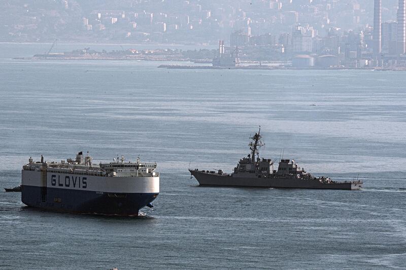 The USS Ramage sails from Beirut port after its brief stop in Lebanon. EPA