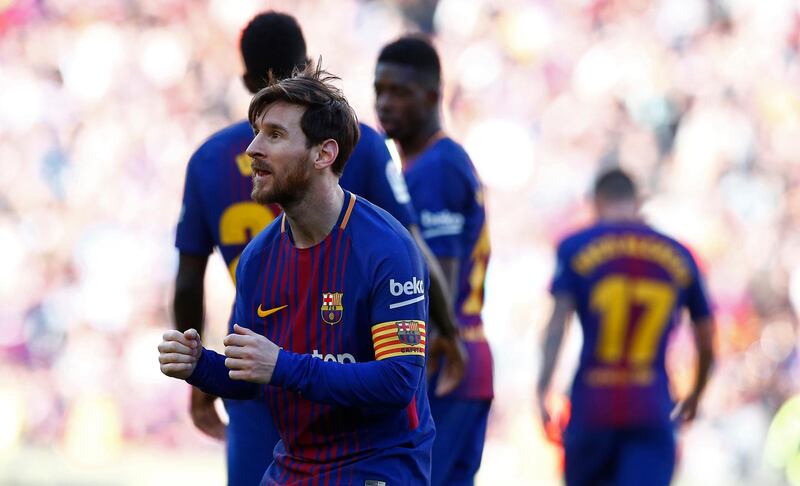 FC Barcelona's Lionel Messi celebrates after scoring during the Spanish La Liga soccer match between FC Barcelona and Athletic Bilbao at the Camp Nou stadium in Barcelona, Spain, Sunday, March 18, 2018. (AP Photo/Manu Fernandez)