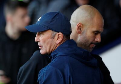 Soccer Football - Premier League - West Bromwich Albion vs Manchester City - The Hawthorns, West Bromwich, Britain - October 28, 2017   West Bromwich Albion manager Tony Pulis and Manchester City manager Pep Guardiola    Action Images via Reuters/Andrew Boyers    EDITORIAL USE ONLY. No use with unauthorized audio, video, data, fixture lists, club/league logos or "live" services. Online in-match use limited to 75 images, no video emulation. No use in betting, games or single club/league/player publications. Please contact your account representative for further details.