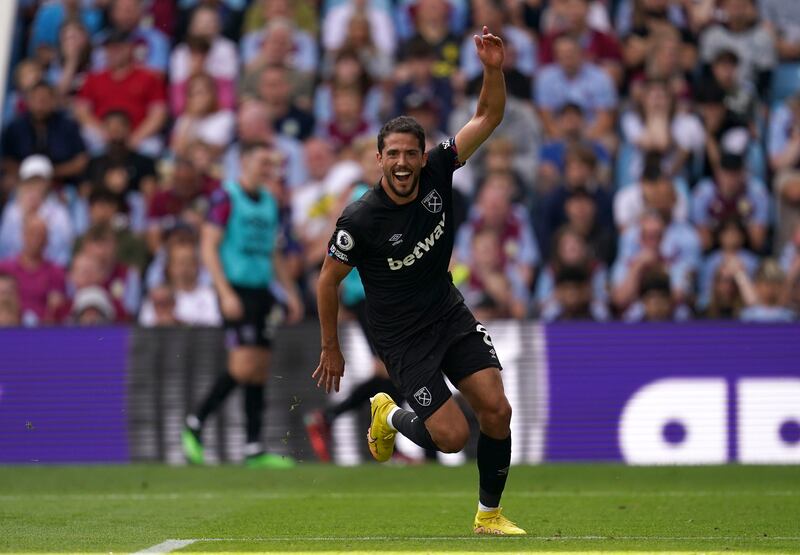 West Ham United's Pablo Fornals celebrates scoring against Aston Villa at Villa Park, Birmingham. PA