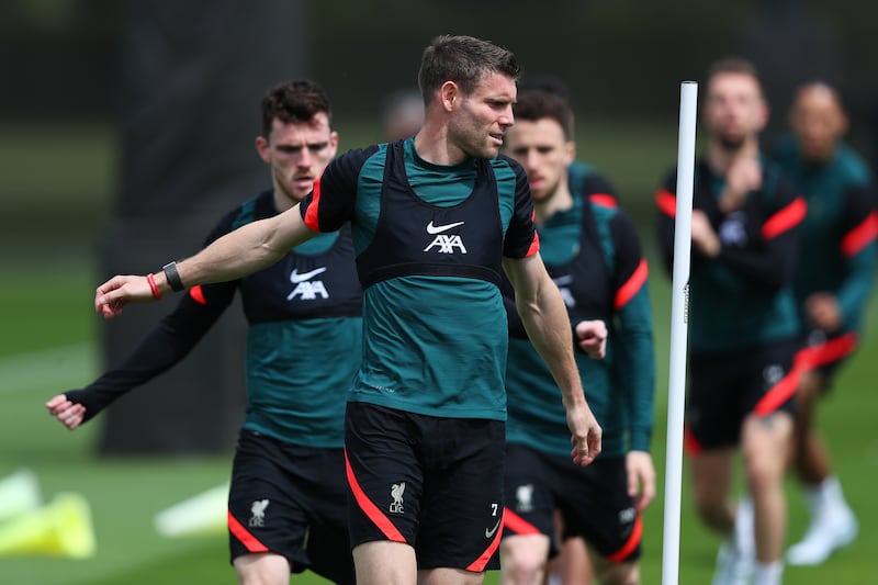 James Milner of Liverpool takes part in a training session. Getty