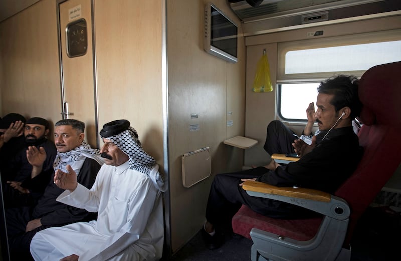 Shiite pilgrims aboard a train in Basra as they head to Karbala to mark Arbaeen. AFP