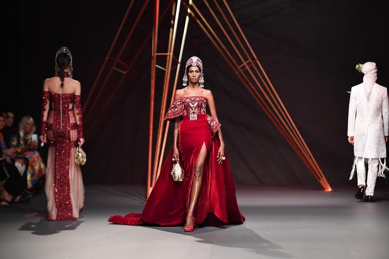 DUBAI, UNITED ARAB EMIRATES - OCTOBER 31: A model walks the runway at the Ezra show during the FFWD October Edition 2019 at the Dubai Design District on October 31, 2019 in Dubai, United Arab Emirates. (Photo by Stuart C. Wilson/Getty Images for FFWD)