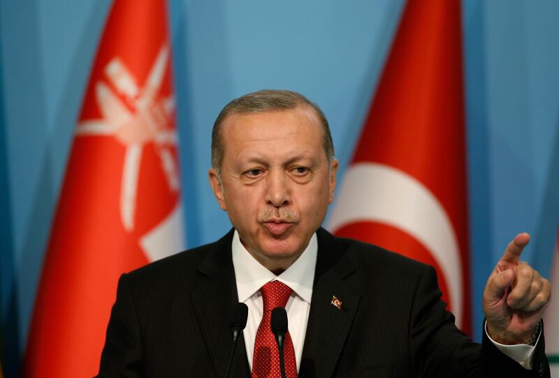 Turkey's President Recep Tayyip Erdogan talks during the closing news conference following the extraordinary summit of the Organization of Islamic Cooperation (OIC), in Istanbul, Friday, May 18, 2018.Turkey urged Muslim nations at an OIC summit on Friday to stand with the Palestinians against Israel, warning that the American decision to recognise Jerusalem as Israel's capital would only be the first among many moves against the Islamic world.(AP Photo/Emrah Gurel)