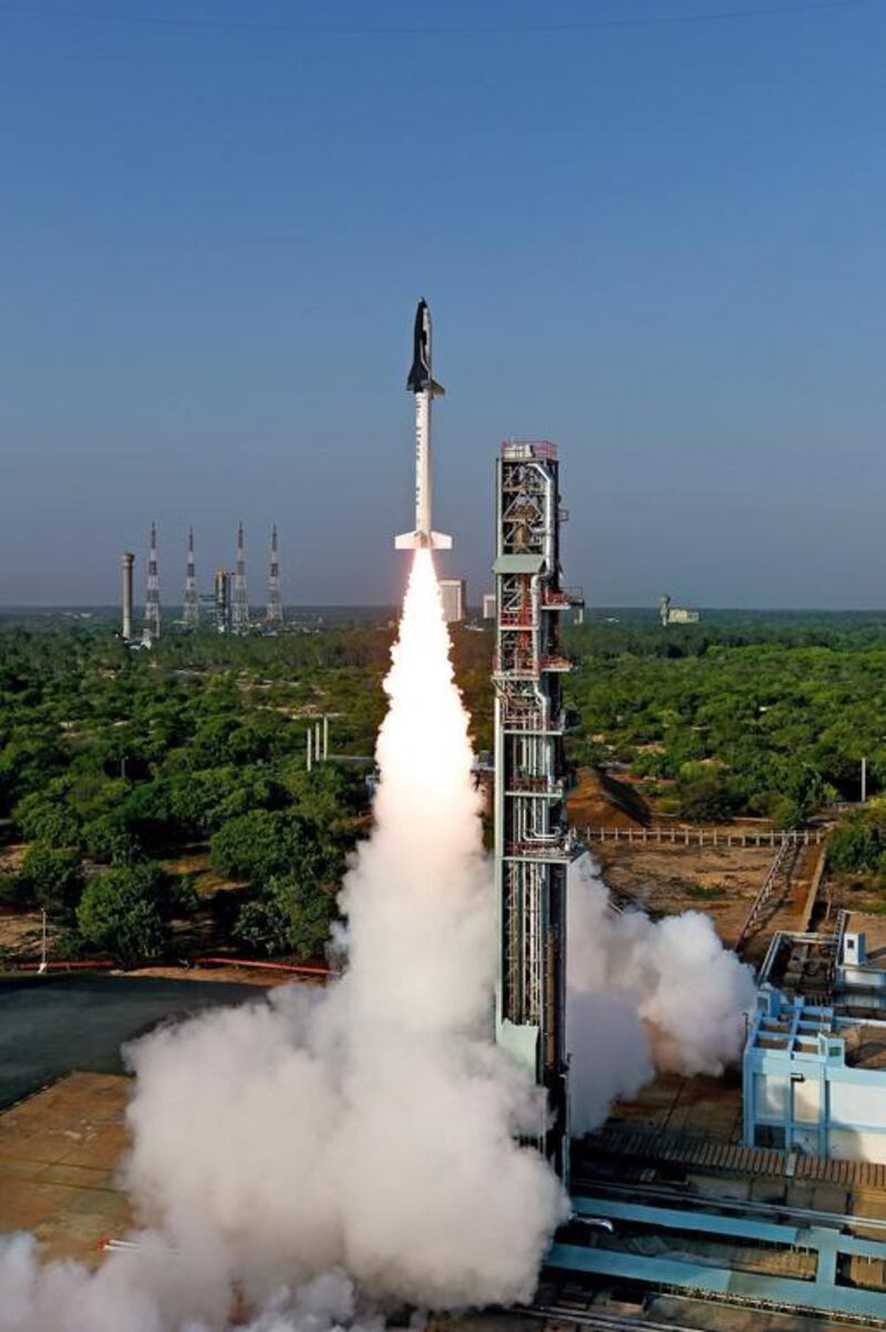 India's Reusable Launch Vehicle (RLV)-TD taking off from Sriharikota, Andhra Pradesh in May. The experiment is seen by India as its first step towards developing resusable vehicles. Courtesy Indian Space Research Organisation