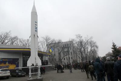 A queue of volunteers in Dnipro, Ukraine's 'Rocket City', which has to date escaped Russian shelling. Getty