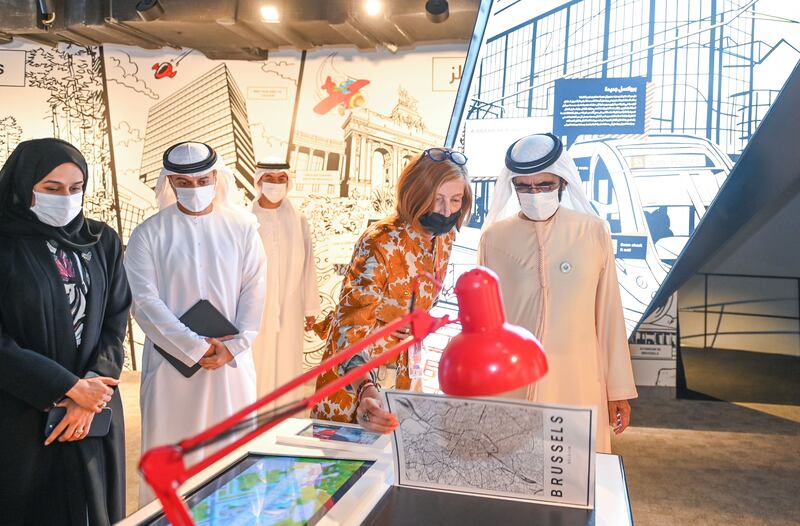 Sheikh Mohammed also visited the Belgium pavilion at the world's fair.