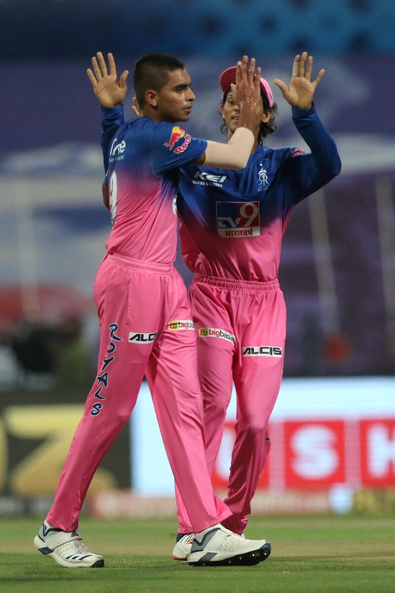 Kartik Tyagi of Rajasthan Royals celebrates the wicket of Quinton de Kock of Mumbai Indians during match 20 of season 13 of the Dream 11 Indian Premier League (IPL) between the Mumbai Indians and the Rajasthan Royals at the Sheikh Zayed Stadium, Abu Dhabi  in the United Arab Emirates on the 6th October 2020.  Photo by: Pankaj Nangia  / Sportzpics for BCCI