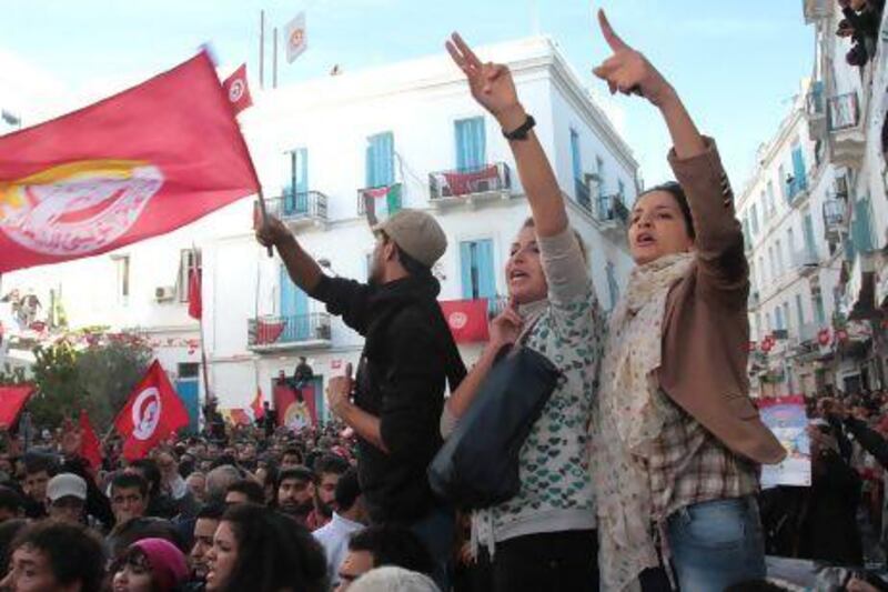 Members of the leftist UGTT union commemorate the 1955 assassination of a member before clashes with the League for Protection of the Revolution last week in Tunis.