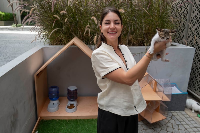 Faida Sabouneh with a small kitten on-site 