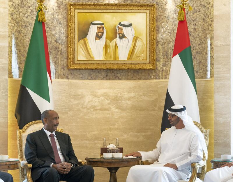 ABU DHABI, UNITED ARAB EMIRATES - October 08, 2019: HH Sheikh Mohamed bin Zayed Al Nahyan, Crown Prince of Abu Dhabi and Deputy Supreme Commander of the UAE Armed Forces (R), meets with General Abdel Fattah Al Burhan, Chairman of Sudan's Sovereign Council (L), at Al Shati Palace.

( Mohamed Al Hammadi / Ministry of Presidential Affairs )
---