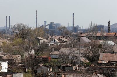 A view shows a plant of Azovstal Iron and Steel Works company behind buildings damaged in the course of Ukraine-Russia conflict in the southern port city of Mariupol. Reuters