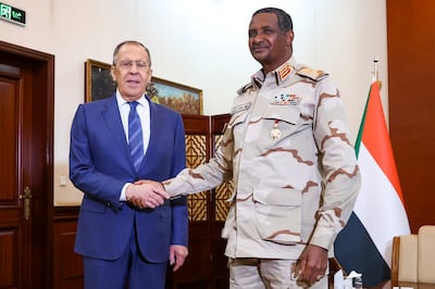 Russian Foreign Minister Sergey Lavrov, left, and Deputy Chairman of the Transitional Sovereignty Council Gen Mohamed Dagalo in Khartoum, Sudan, on February 9. AP