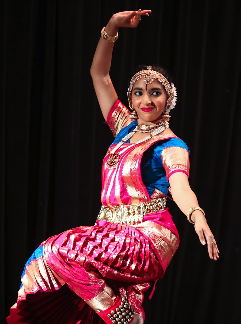 A dance performer takes to the stage at the Indian Embassy in Abu Dhabi. 