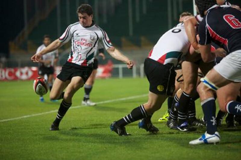 April 27, 2012, Dubai, UAE:

The UAE national team was pummeled by Hong Kong in tonight's premiere match. The event was held at the Dubai Rugby 7's. THe UAE is in white jerseys.

Lee Hoagland/The National

