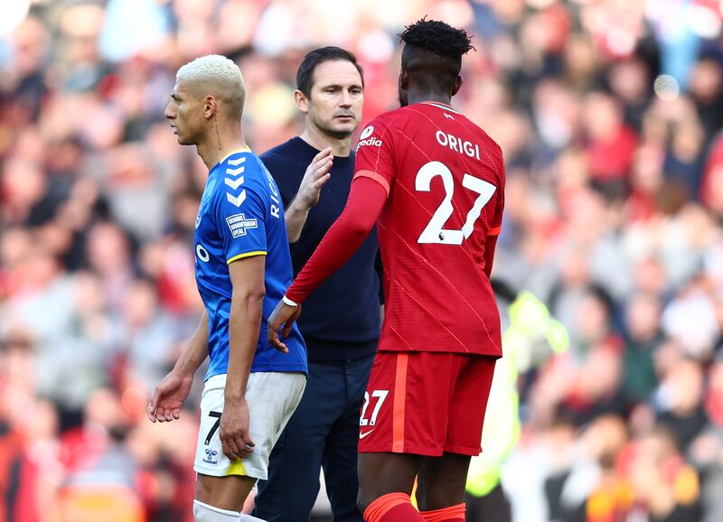 Divock Origi of Liverpool greets Everton manager Frank Lampard after their match at Anfield on April 24, 2022. Getty