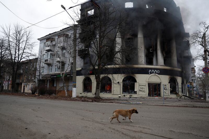 A building burned from a strike as Russia's attack on Ukraine continues, in Bakhmut. Reuters