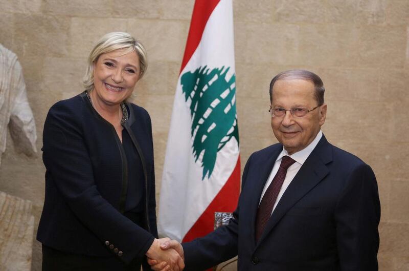 Marine Le Pen, leader of France’s National Front party, meets Lebanon’s president Michel Aoun at the presidential palace in Baabda, Lebanon, on February 20, 2017. Dalati Nohra via Reuters