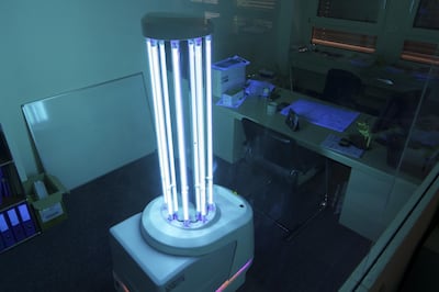 epa08445193 A UVD hygiene robot disinfects an office room with UV light in the company Curmed in Ostermundigen, Switzerland, 25 May 2020 (issued 26 May 2020).  EPA/ADRIAN REUSSER
