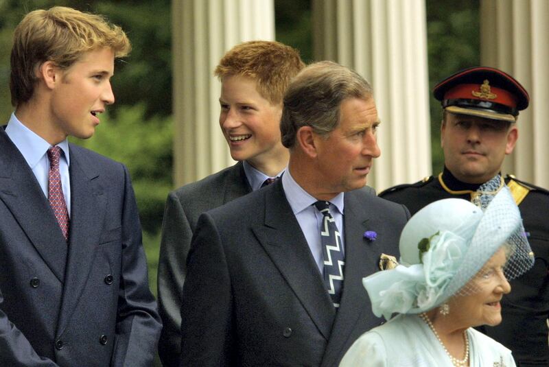 392853 15: Princes William and Harry and Prince Charles appear with The Queen Mother during celebrations to mark her 101st birthday August 4, 2001 in London. (Photo by Sion Touhig/Getty Images)