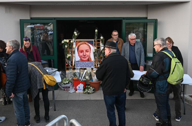 People gather for a commemorative event for Lola, 12, who was raped and murdered in Fouquereuil, northern France, in October. AFP