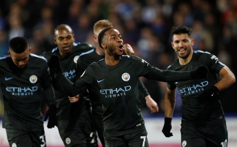 Soccer Football - Premier League - Huddersfield Town vs Manchester City - John Smith’s Stadium, Huddersfield, Britain - November 26, 2017   Manchester City's Raheem Sterling celebrates scoring their second goal with teammates   Action Images via Reuters/Carl Recine    EDITORIAL USE ONLY. No use with unauthorized audio, video, data, fixture lists, club/league logos or "live" services. Online in-match use limited to 75 images, no video emulation. No use in betting, games or single club/league/player publications. Please contact your account representative for further details.