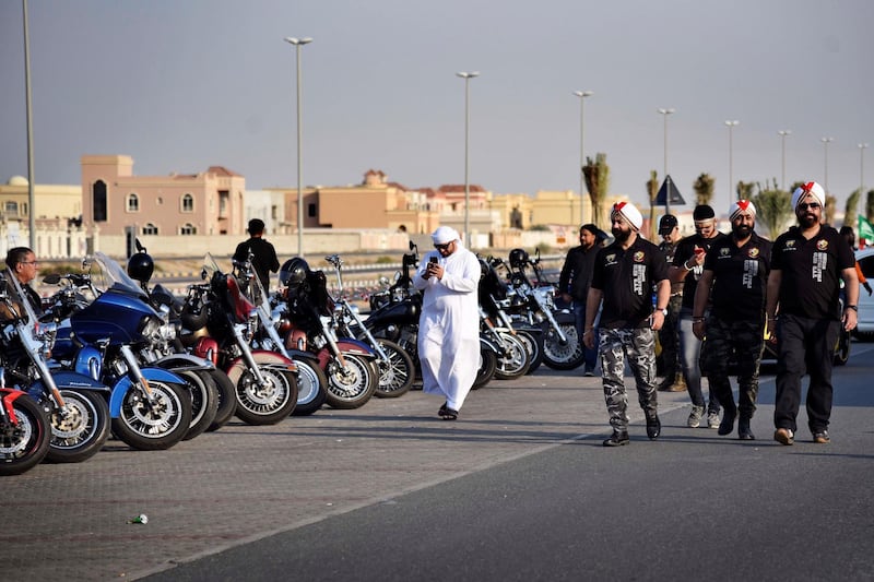 Sikh bikers arrive at the Harley Davidson showroom for the 48th National Rally "Love Zayed" in Sharjah, UAE, Friday, Nov. 29, 2019. Shruti Jain The National