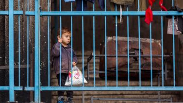 A Palestinian boy at a school used as a shelter by displaced people who fled Rafah, in the southern Gaza Strip. Reuters