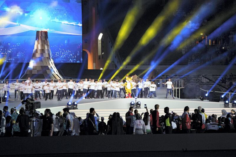 ABU DHABI, UNITED ARAB EMIRATES - March 21, 2019: Performers participate in a show during the closing ceremony of the Special Olympics World Games Abu Dhabi 2019, at Zayed Sports City. 

( Hamad Al Mansoori for Ministry of Presidential Affairs )
---