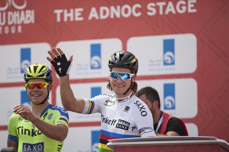 Peter Sagan of Tinkoff-Saxo waves to the crowd on Thursday on the first day of the Abu Dhabi Tour. Mona Al Marzooqi / The National