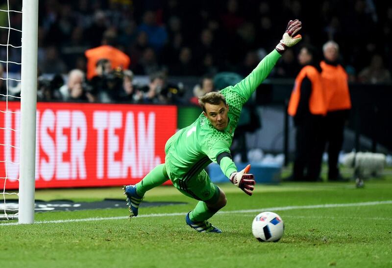 German goalie Manuel Neuer concedes a goal by England’s Harry Kane (not pictured) during the international friendly soccer match between Germany and England in Berlin, Germany, 26 March 2016.  EPA/SOEREN STACHE