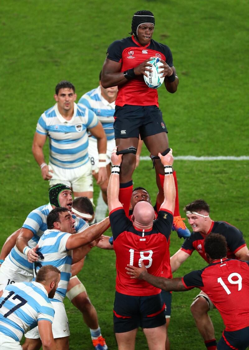 England's Maro Itoje wins a lineout at the Tokyo Stadium. Getty