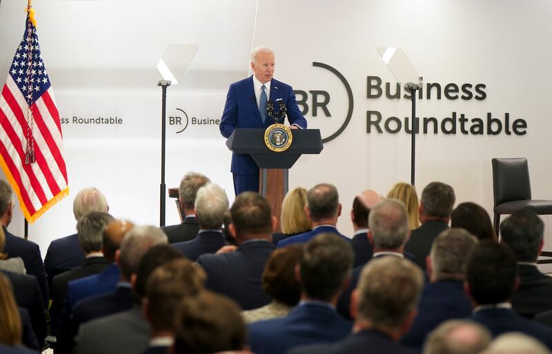 President Joe Biden discusses the US response to Russia's invasion of Ukraine at the Business Roundtable CEO Quarterly Meeting. EPA
