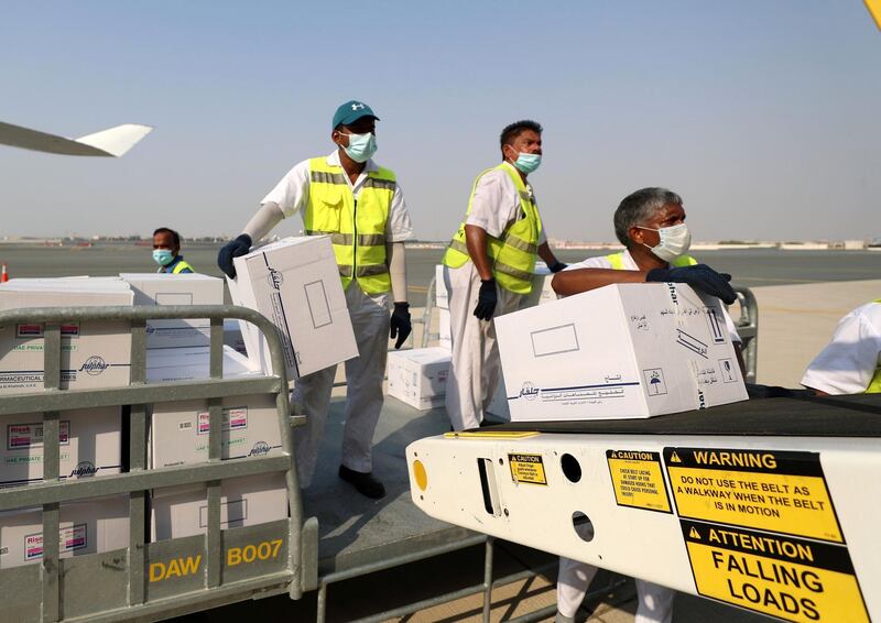 Dubai, United Arab Emirates - Reporter: Kelly Clarke. Aid is loaded up on a plane to Lebanon at Dubai airport to support Beirut after the explosion. Wednesday, August 5th, 2020. Dubai. Chris Whiteoak / The National