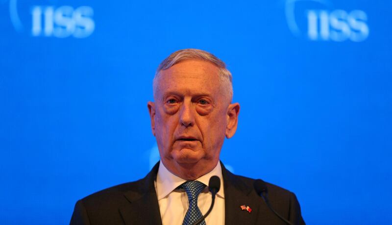 FILE PHOTO: U.S. Defense Secretary James Mattis speaks during the second day of the 14th Manama dialogue, Security Summit in Manama, Bahrain October 27, 2018. REUTERS/Hamad l Mohammed/File Photo