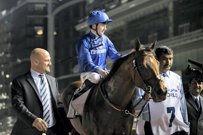 DUBAI, UNITED ARAB EMIRATES - Feb 2, 2018.

Jockey Oisin Murphy on Benbatl wins Al Rashidiya Sponsored By Jebel Ali Port Race at Dubai World Cup Carnival.

Benbatl is owned by Godolphin and trained by S. bin Suroor.

(Photo by Reem Mohammed/The National)

Reporter: Amith Passela
Section: SP