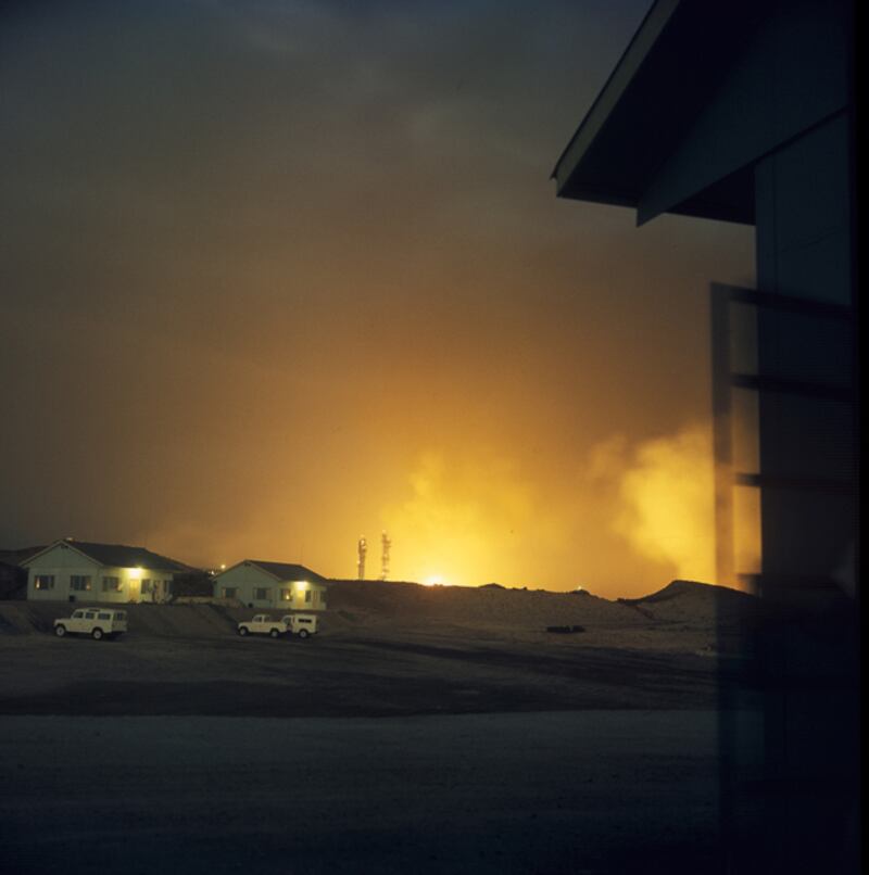 Archival photograph of the Trucial States shot by photographer Guy Gravett in 1962. Flares on DasIsland illuminate the night sky. Natural gas from oil production was once disposed of this way but is now recovered and sold. Undated but probably 1962

Eds note** Karen *** Permission needed before use. Contact Crispin Gravett Cpgravett@aol.com. $150 one print use and 5 years online. 