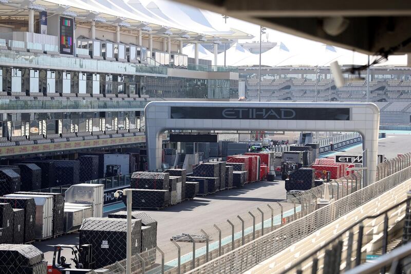 Abu Dhabi, United Arab Emirates - November 19, 2018: Preparation for F1 gets underway at at Yas Marina circuit. Monday the 19th of November 2018 at the Yas Marina, Abu Dhabi. Chris Whiteoak / The National