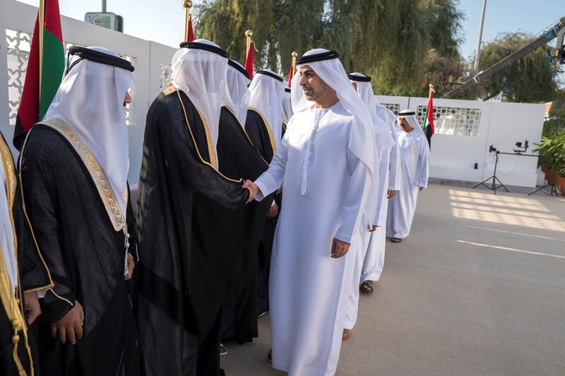 ABU DHABI, UNITED ARAB EMIRATES -November 23, 2017: HH Sheikh Omar bin Zayed Al Nahyan, Deputy Chairman of the Board of Trustees of Zayed bin Sultan Al Nahyan Charitable and Humanitarian Foundation (R), attends a mass wedding held at Majlis Al Zaab.

( Mohamed Al Raeesi for Crown Prince Court - Abu Dhabi )

---