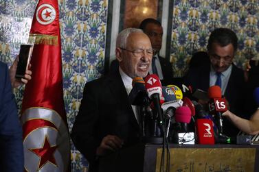 Tunisian Parliament Speaker Rached Ghannouchi speaks at a press conference following a plenary session at the Assembly of the People's Representatives in Tunis, Tunisia. EPA