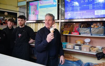 Labour leader Keir Starmer takes a break from campaigning for local elections in Blackpool, Lancashire. PA
