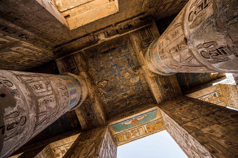 A temple colonnade at Medinet Habu, on the west bank of the Nile outside Egypt's southern city of Luxor, which hit the news in recent days with the discovery of an ancient city, lost in its sands.  AFP
