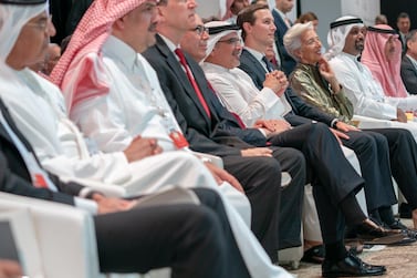 White House senior adviser Jared Kushner, fourth left, and Christine Lagarade, third left, managing director and chairman of the International Monetary Fund, attending the Peace to Prosperity conference in Manama, Bahrain. EPA