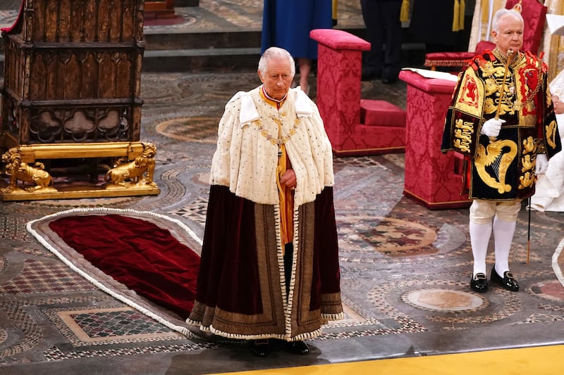 King Charles at Westminster Abbey as the coronation ceremony begins. PA