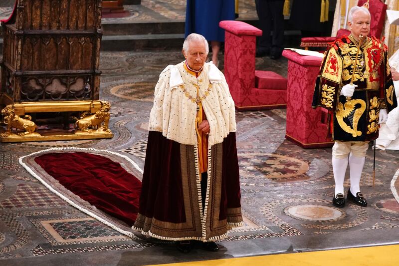 King Charles at Westminster Abbey as the coronation ceremony begins. PA