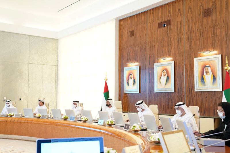 Sheikh Mohammed chairs the Cabinet meeting to discuss the UAE's response to the Covid-19 pandemic. Photo: Dubai Media Office