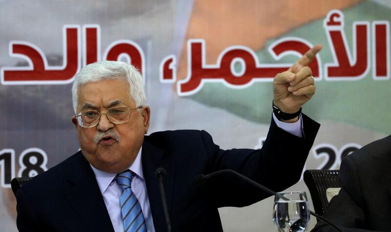 Palestinian President Mahmoud Abbas gestures as he speaks during the meeting of the Central Council of the Palestinian Liberation Organization (PLO) in Ramallah, in the occupied West Bank October 28, 2018. REUTERS/Mohamad Torokman
